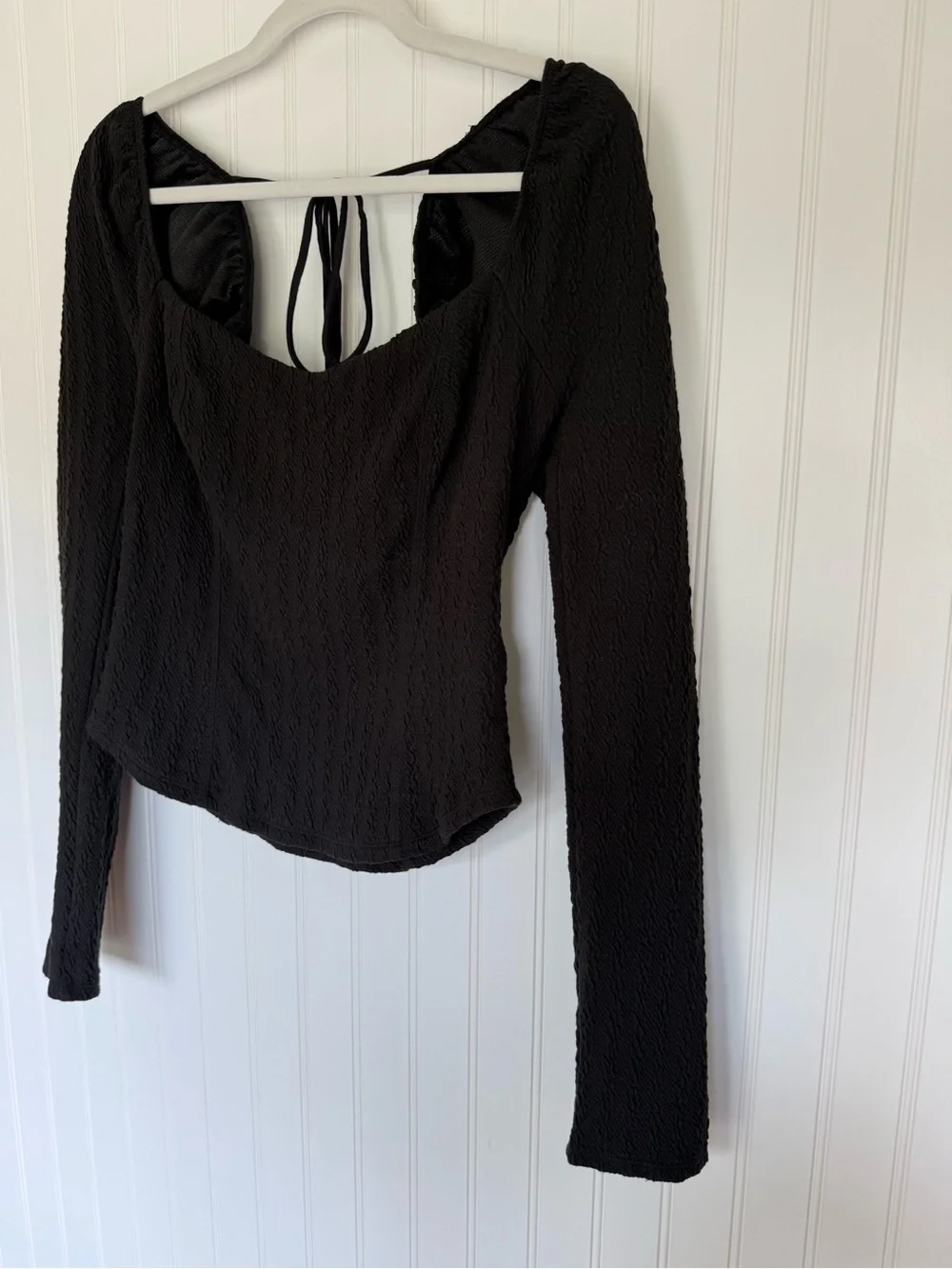 Free People Brittany Top Black Puff Sleeve Square Neck Tie Back Size L